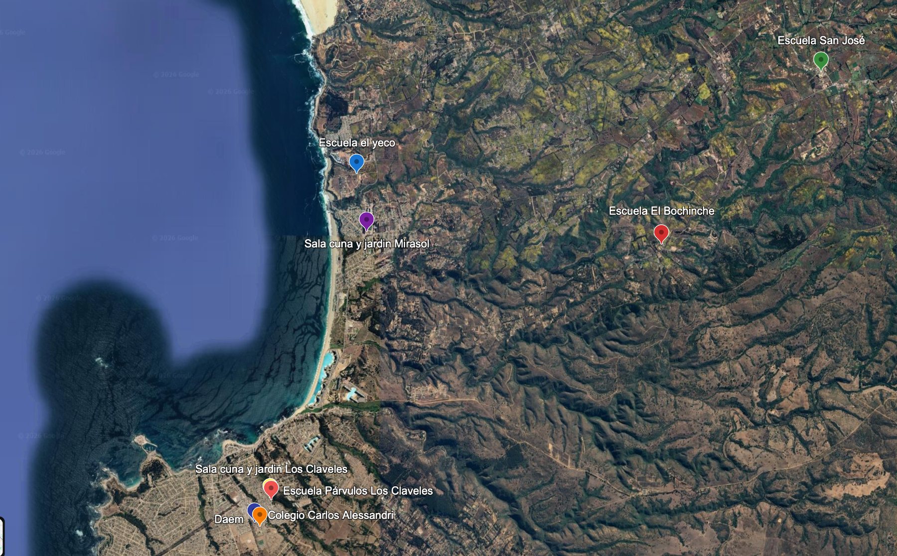 Mapa de los establecimientos del DAEM Algarrobo
